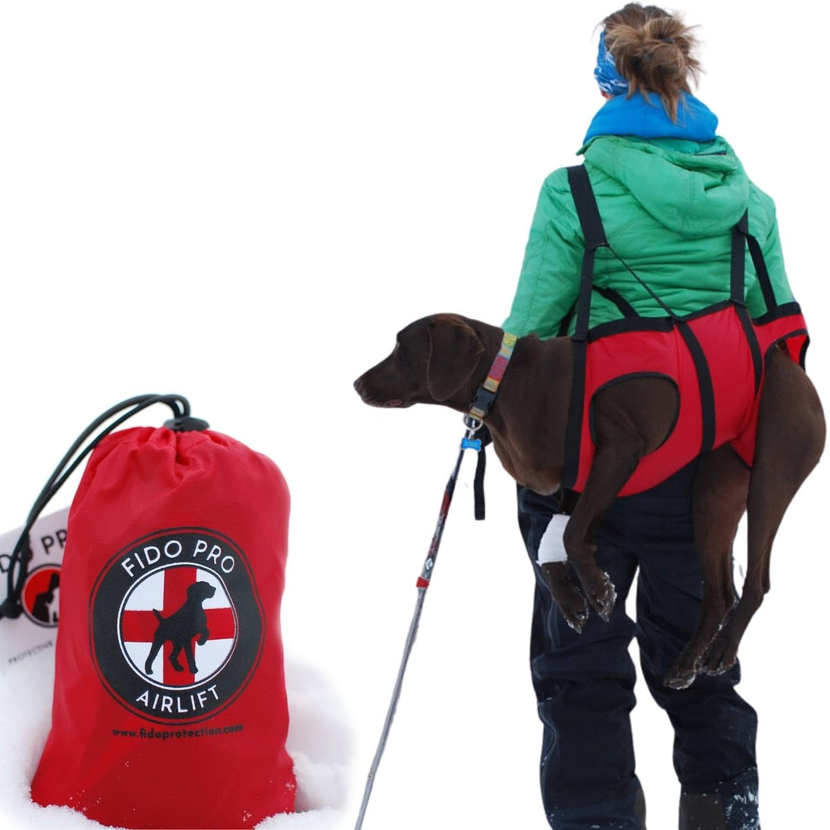 Fido Pro Airlift Sling montre le secours chien rouge, pratique en randonnée.
