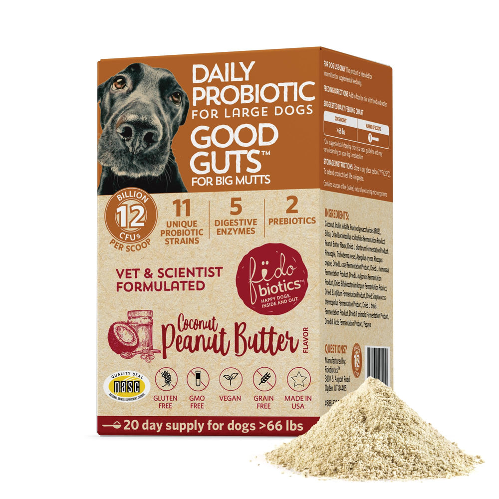 Fidobiotics Good Guts, poudre probiotique 12 milliards CFU, soutien digestion canine.