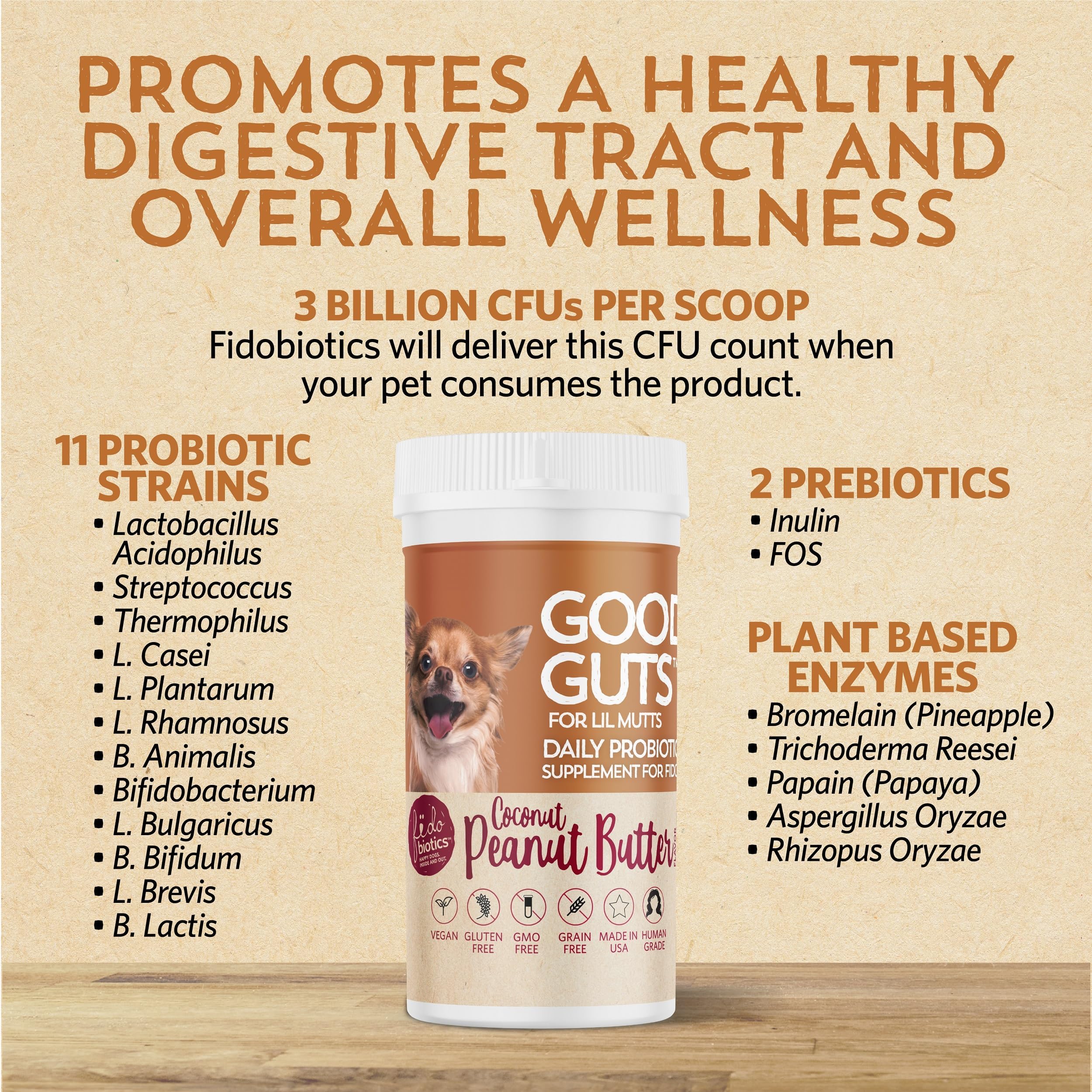 Fidobiotics Good Guts Lil Mutts — ingrédients probiotiques de qualité pour chiens.