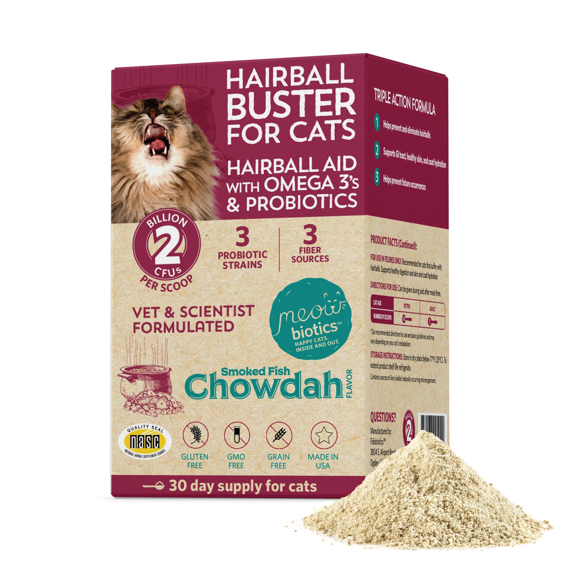 Poudre Hairball Buster Fidobiotics pour chat à saupoudrer sur l’alimentation.
