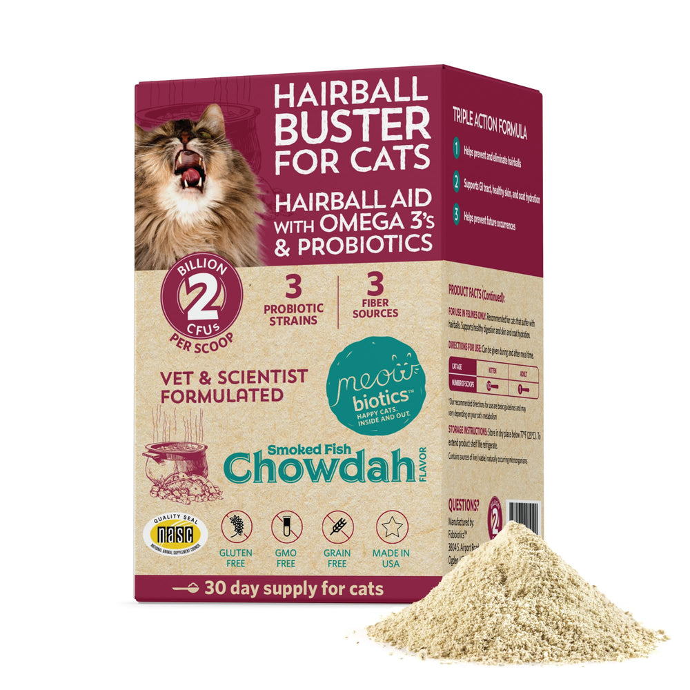 Poudre Hairball Buster Fidobiotics pour chat à saupoudrer sur l’alimentation.
