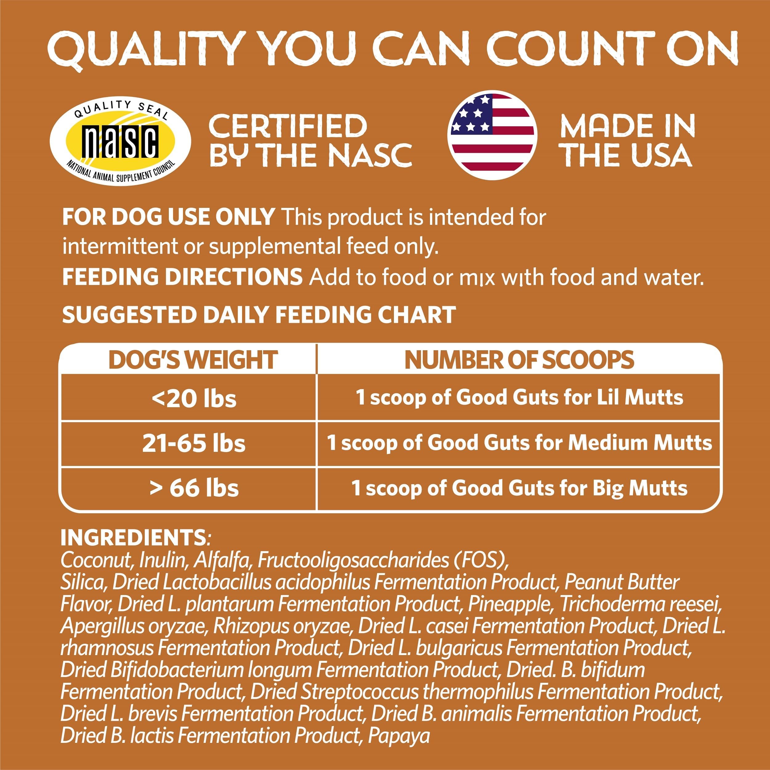 Fidobiotics Good Guts Lil Mutts — qualité NASC et absence d OGM et gluten.