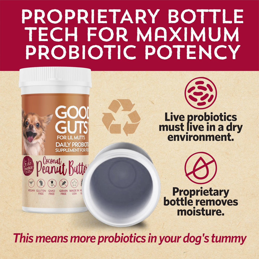 Fidobiotics Good Guts Lil Mutts — utilisation quotidienne simple pour le bien-être digestif.