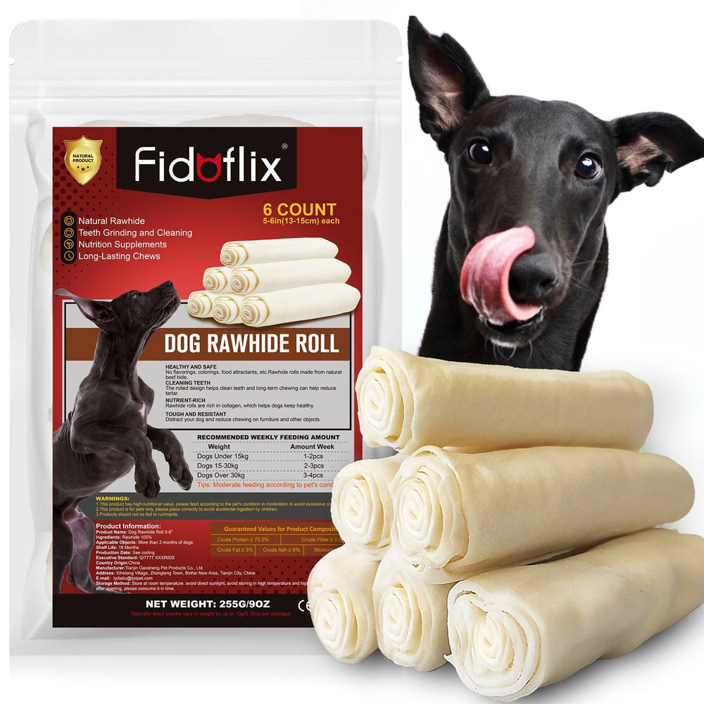 Os à mâcher FidoFlix rawhide rouleaux 5-6 po, divertissement durable pour chien.