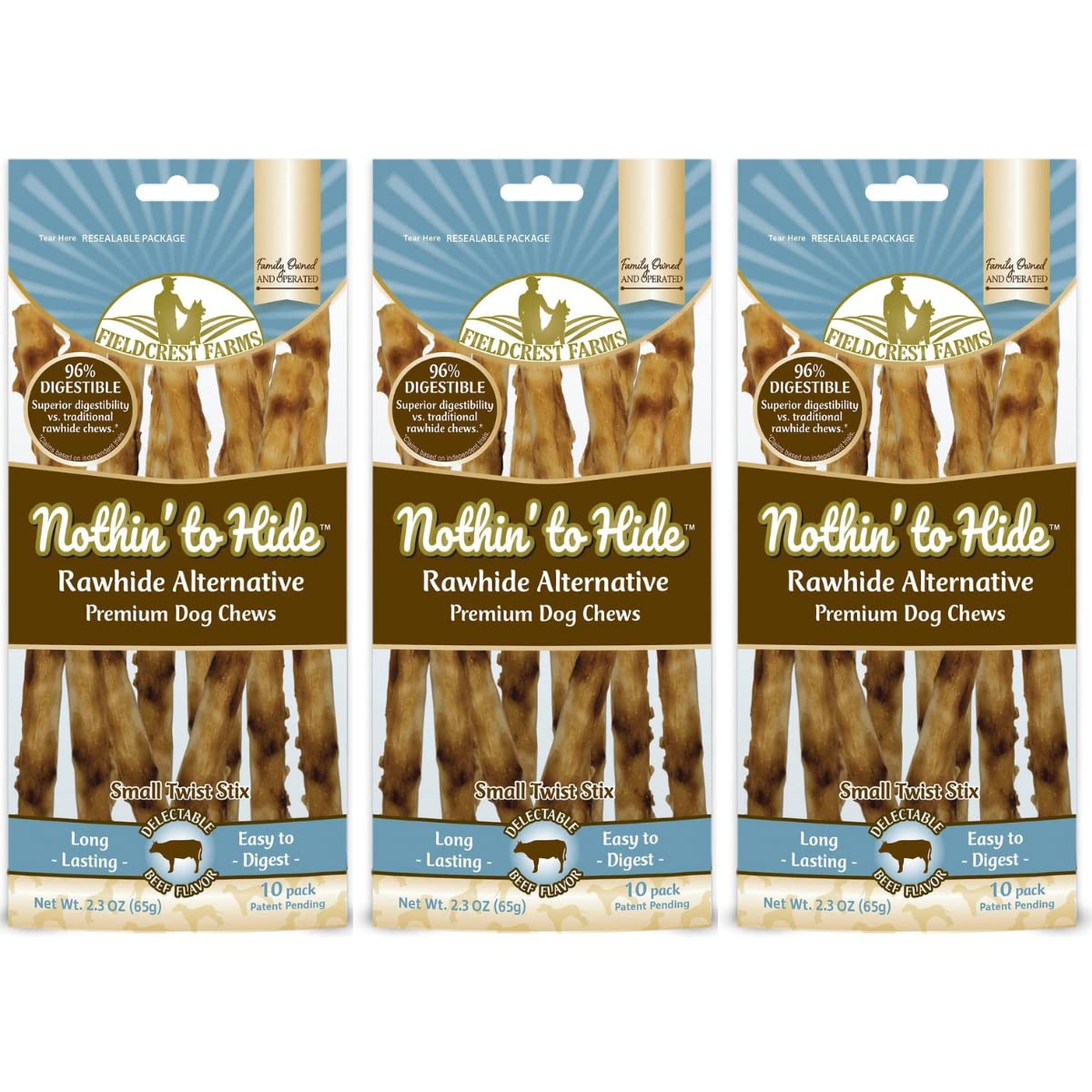 Fieldcrest Farms Nothing to Hide Twist Stix boeuf, lot de 3, mastication longue.