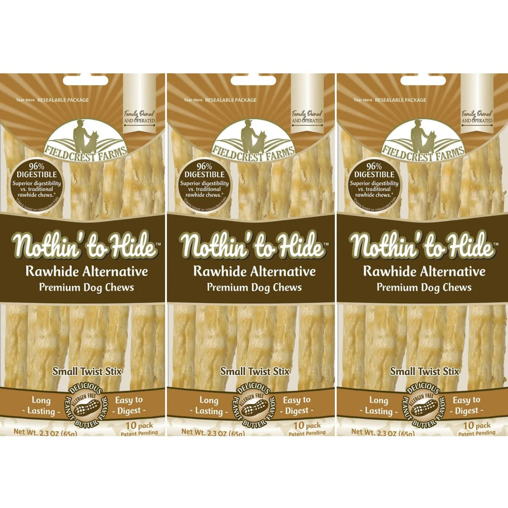 Fieldcrest Farms Nothing to Hide Twist Stix emballage, friandise sans rawhide idéale pour la mastication quotidienne.