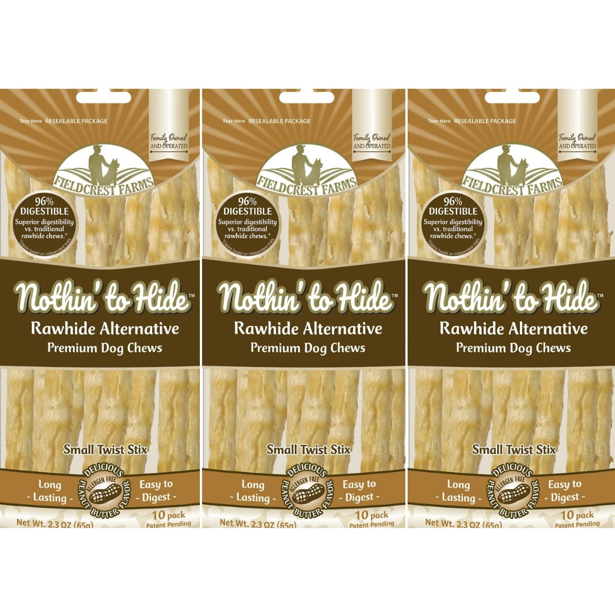 Fieldcrest Farms Nothing to Hide Twist Stix emballage, friandise sans rawhide idéale pour la mastication quotidienne.