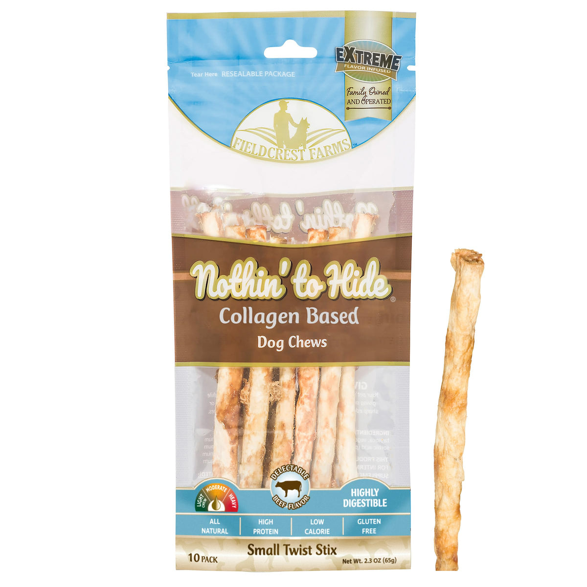Fieldcrest Farms Rien-à-Cacher Twist Stix boeuf, emballage visible, pratique pour petites bouchées.