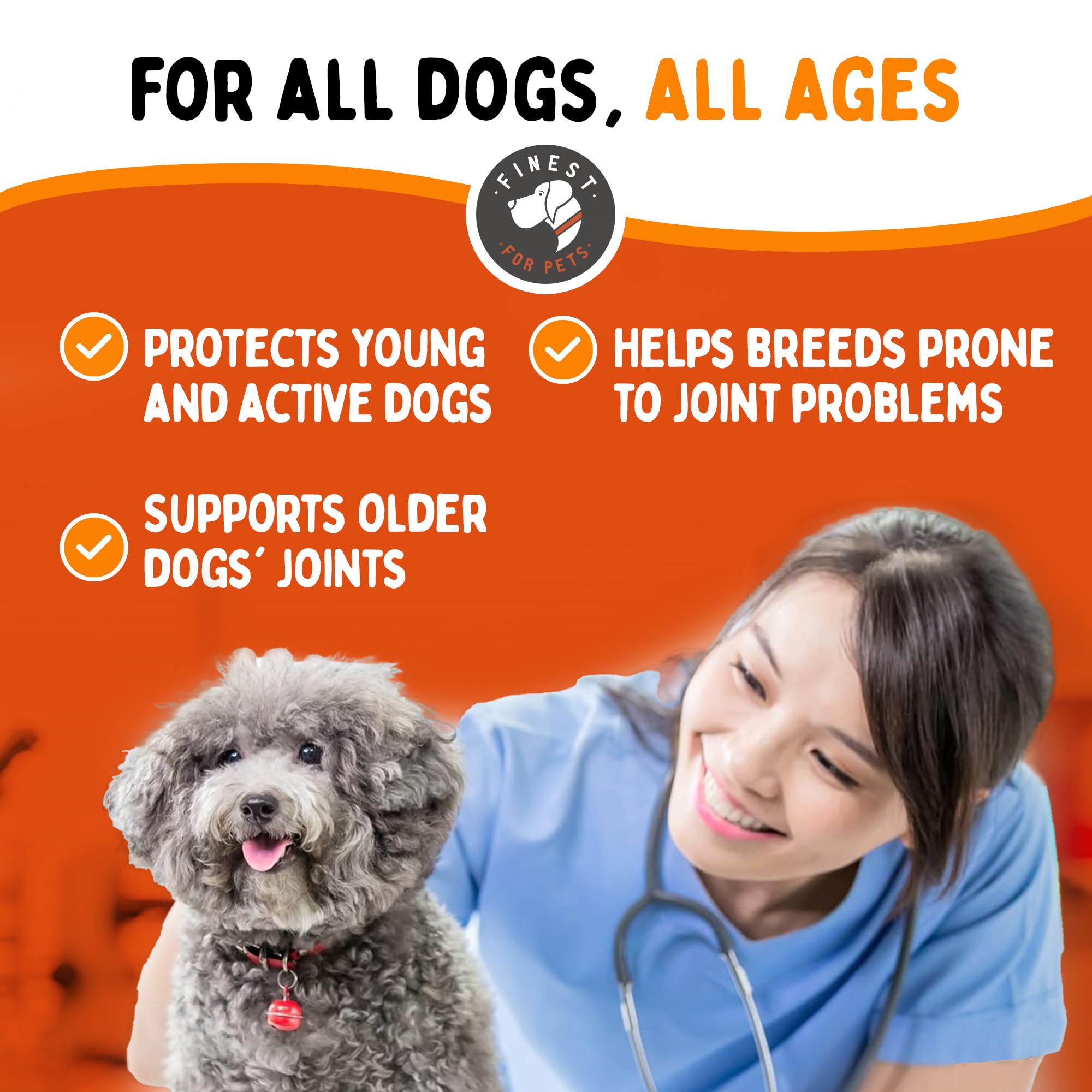 Finest For Pets – étiquette claire et informatrice du produit glucosamine pour chiens.