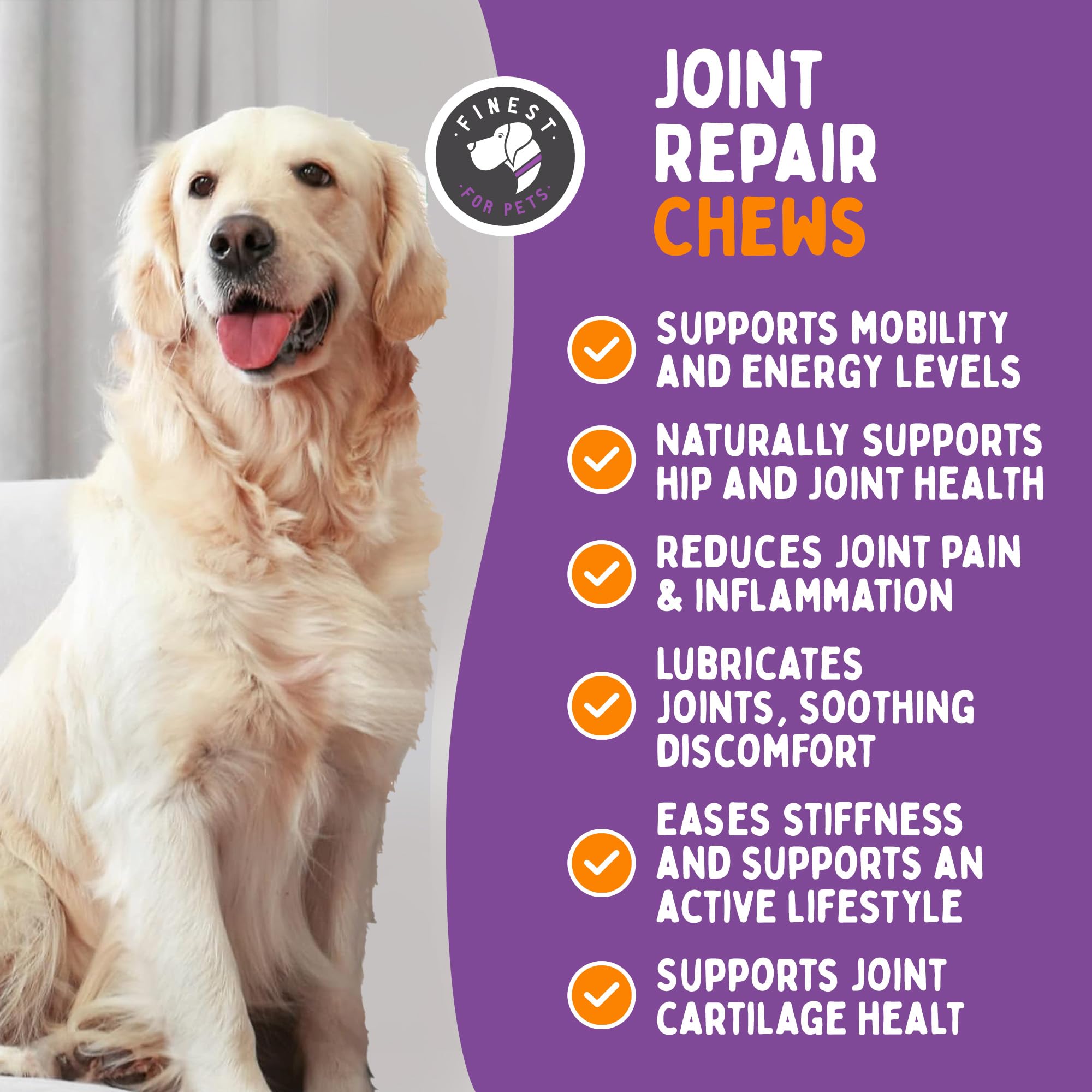 Joint Repair Finest For Pets — comprimés au poulet, goût apprécié des chiens.