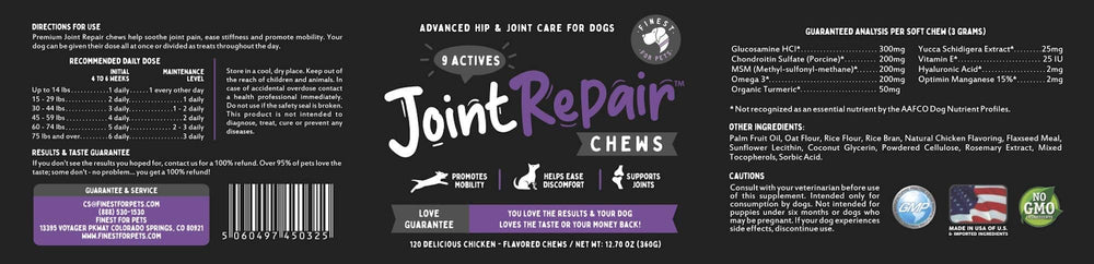 Joint Repair Finest For Pets — soutien potentiel pour la santé des articulations du chien.