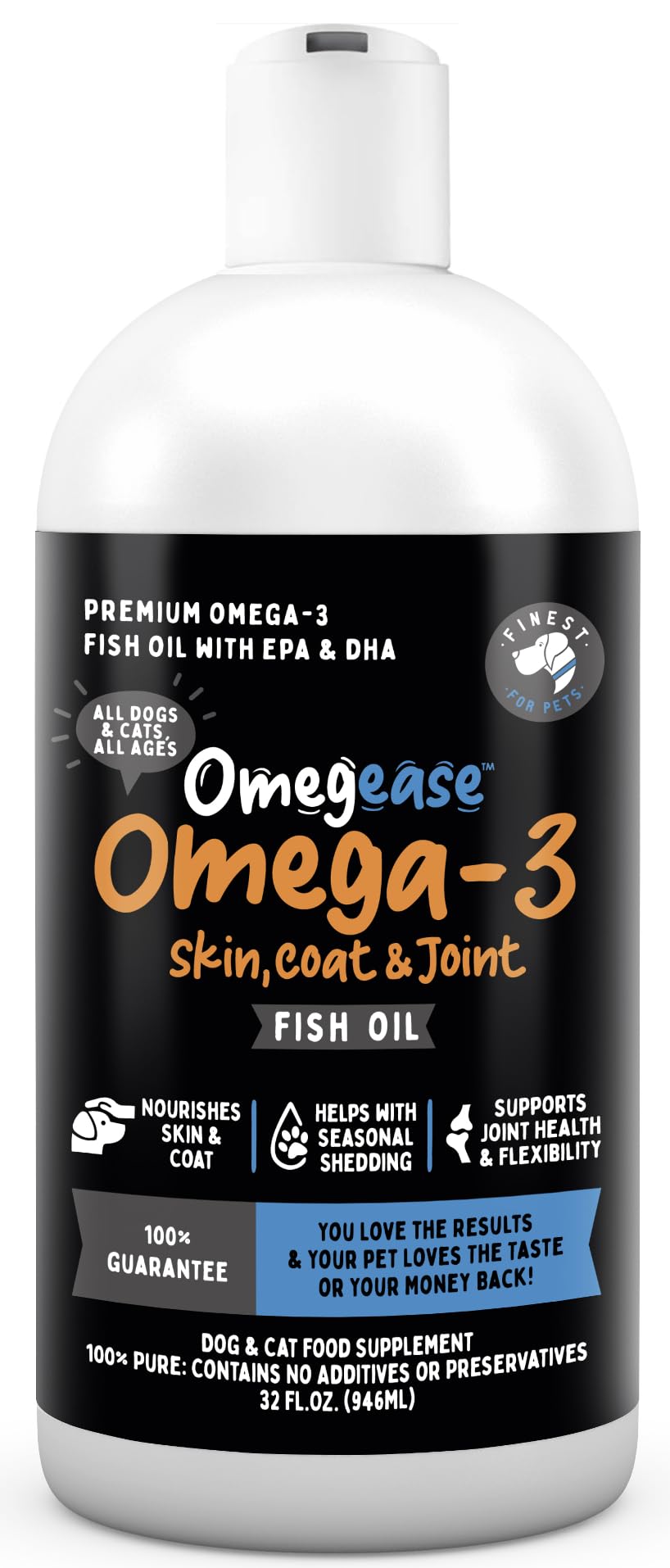 Finest For Pets Omegease — bouteille poisson pur, soutien potentiel pour peau et pelage.