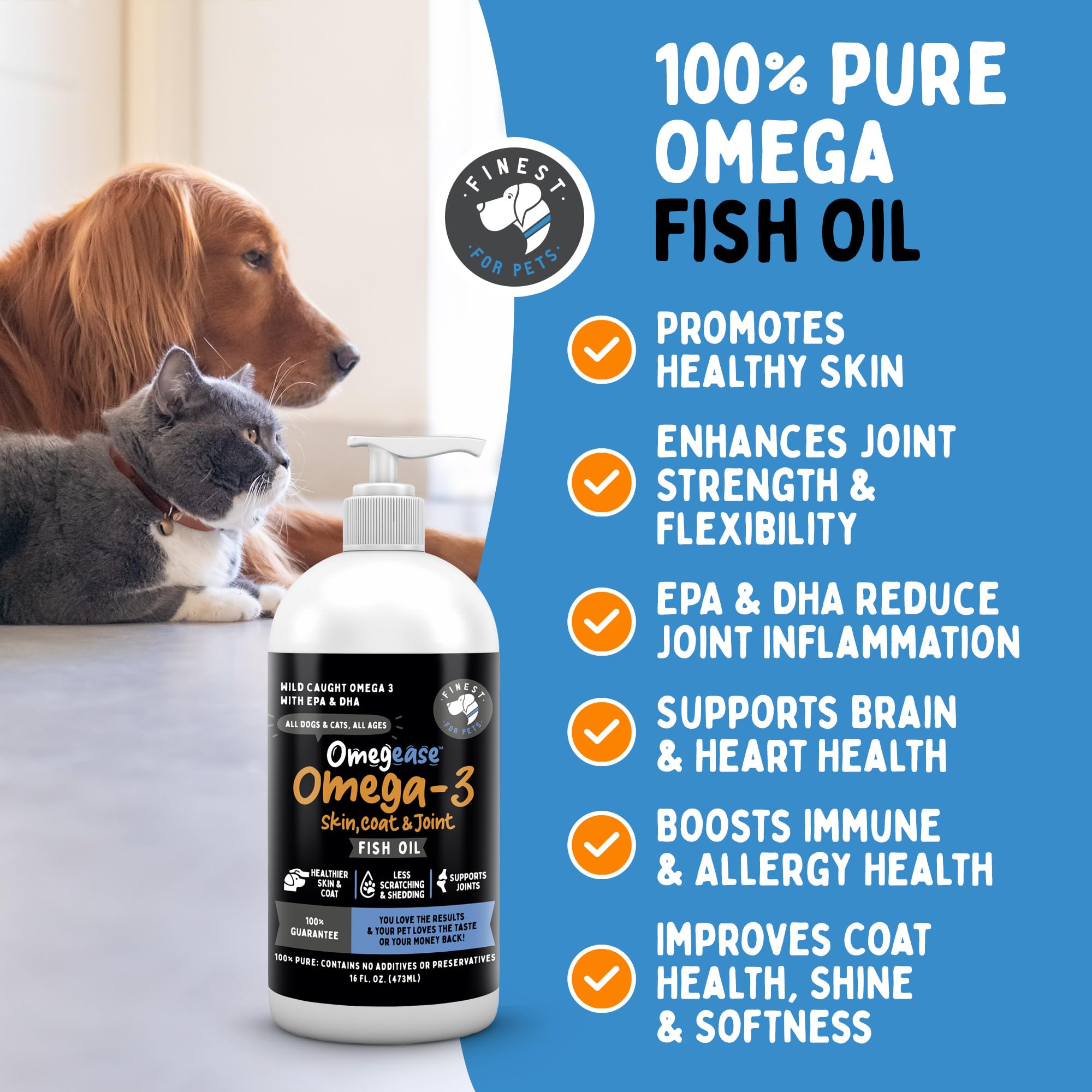 Finest For Pets Omegease — flacon EPA/DHA, bénéfice potentiel pour articulations.