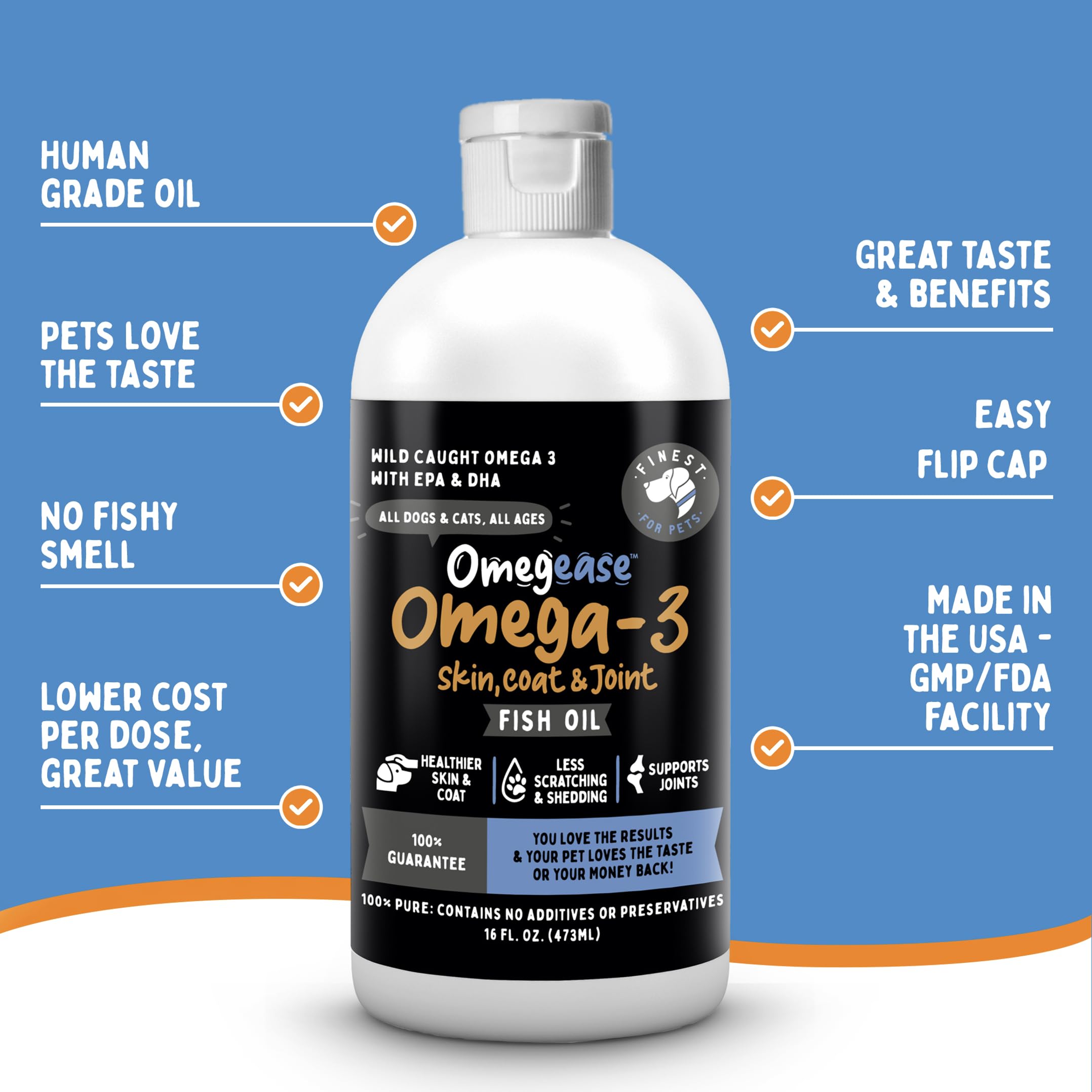 Finest For Pets Omegease — usage chiens et chats, dosage simple au quotidien.