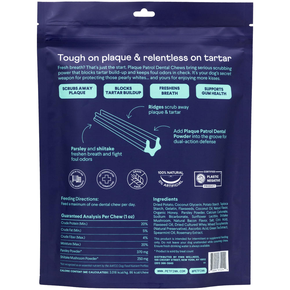 Finn Plaque Patrol friandises dentaires grandes morceaux, plaisir pour le chien et routine dentaire.
