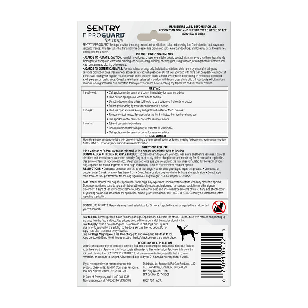 Fiproguard Sentry chien calme après traitement mensuel