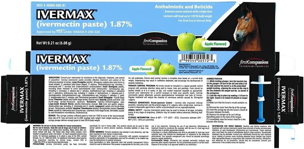 First Companion Ivermax pâte équine bleue avec emballage bleu prêt à l'emploi