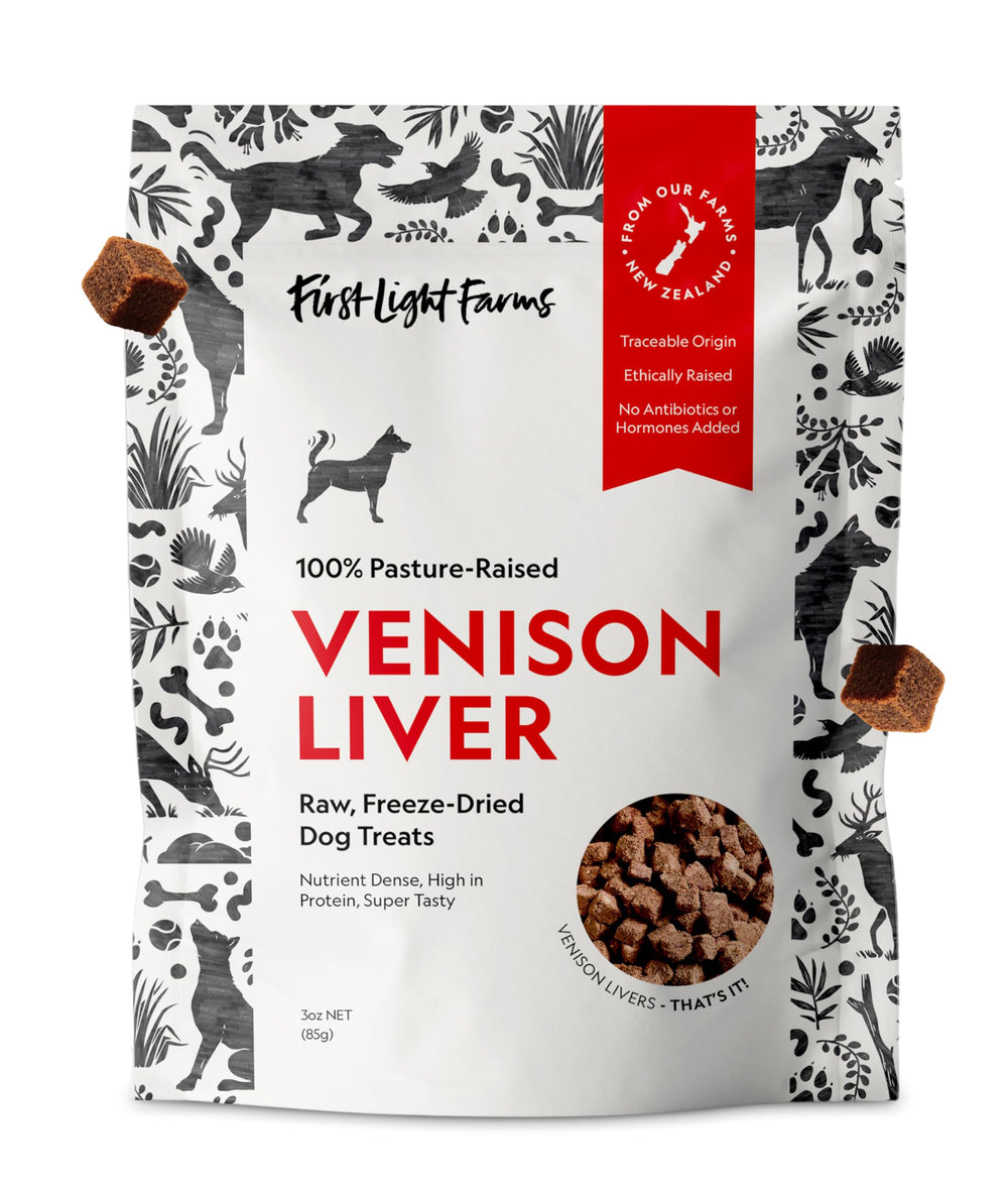 First Light Foie de venaison lyophilisé sur sachet 3oz, friandise protéinée pratique.