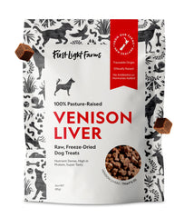 First Light Foie de venaison lyophilisé sur sachet 3oz, friandise protéinée pratique.
