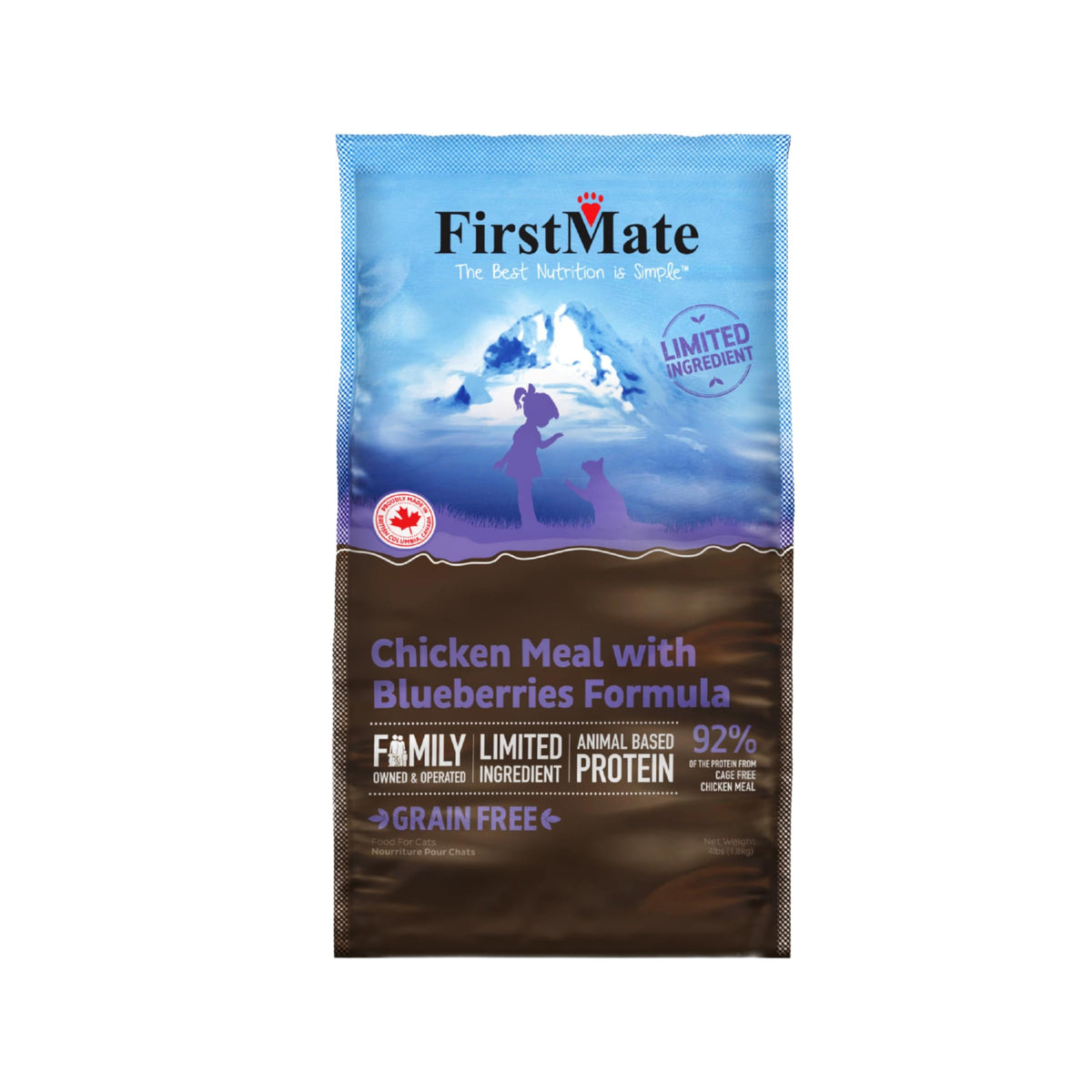 FirstMate croquettes chat poulet myrtilles – sachet, goût savoureux et digestibilité élevée.