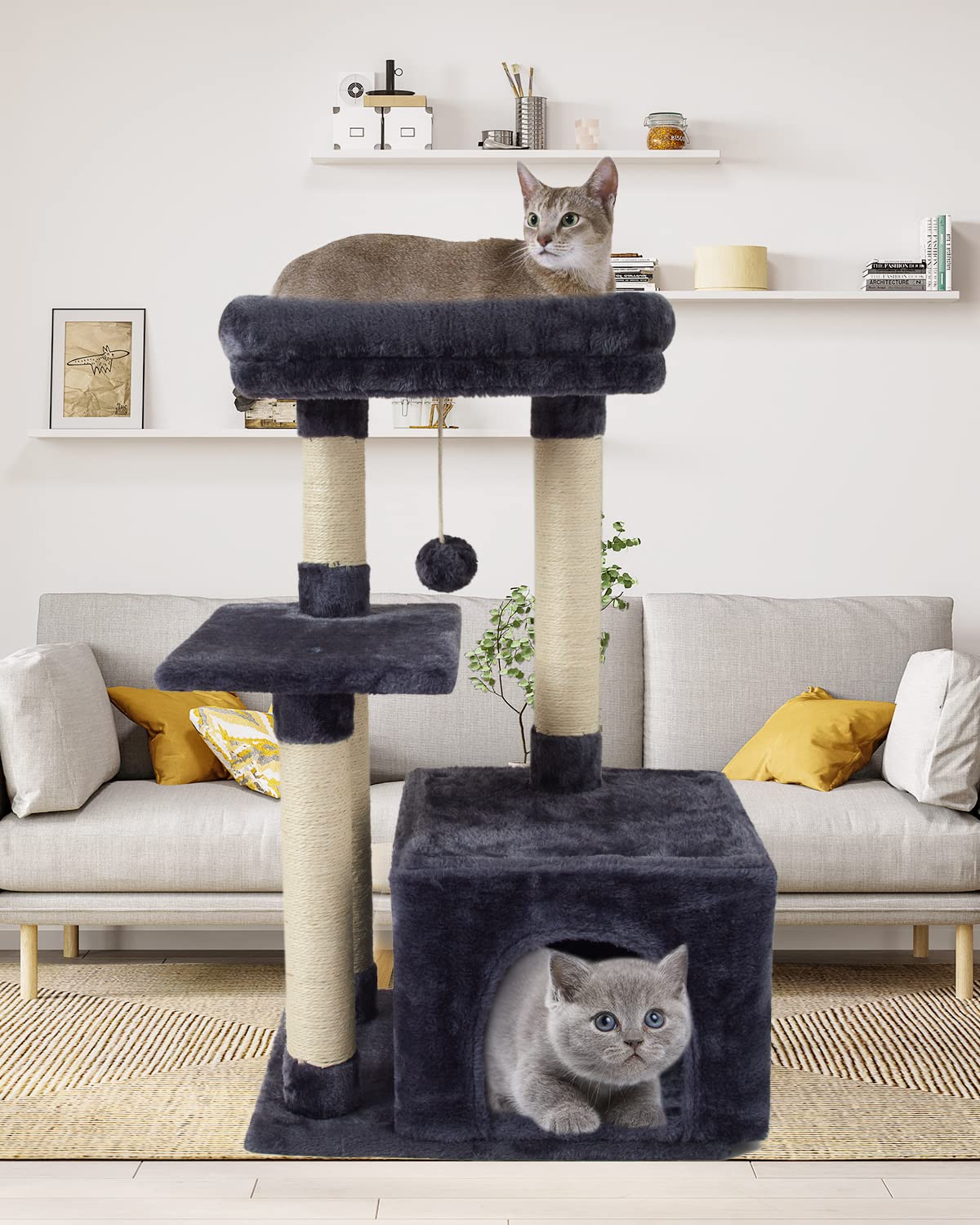FISH&NAP Arbre chat palier spacieux Smoky Grey, plateforme généreuse pour observation