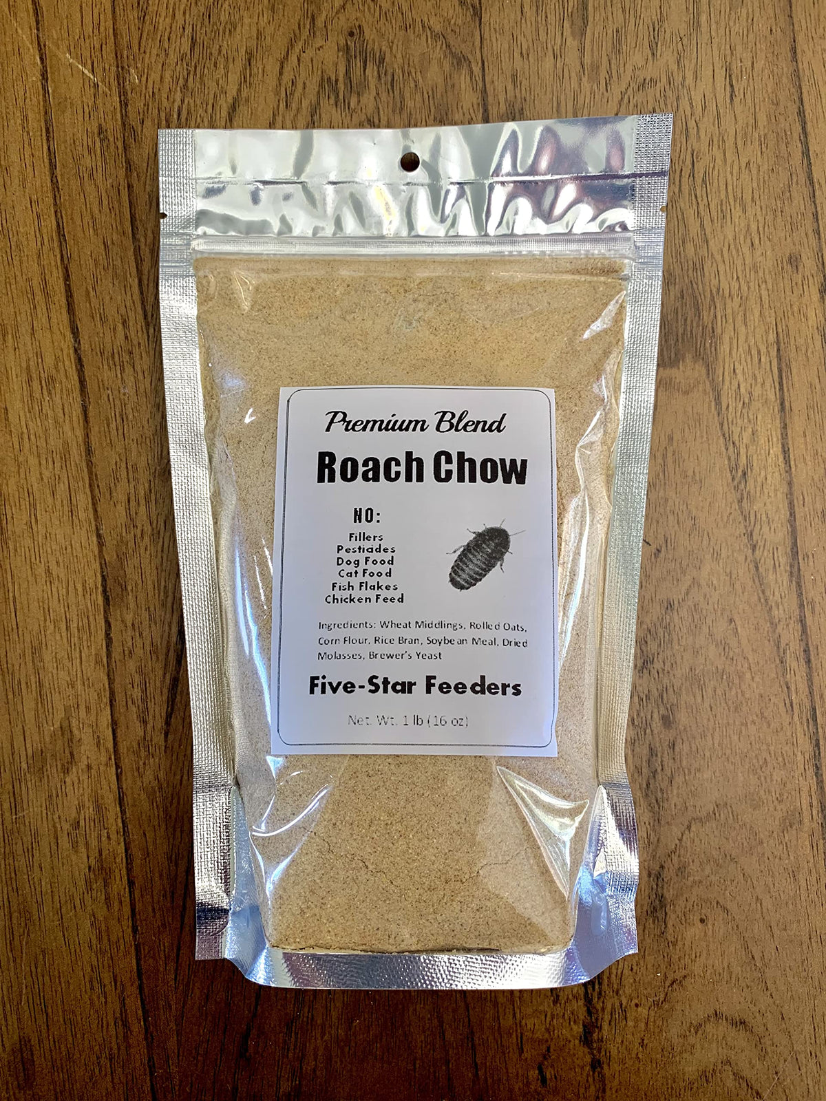 Five-Star Feeders Roach & Cricket Chow: sac mylar argenté préservant fraîcheur et odeurs.