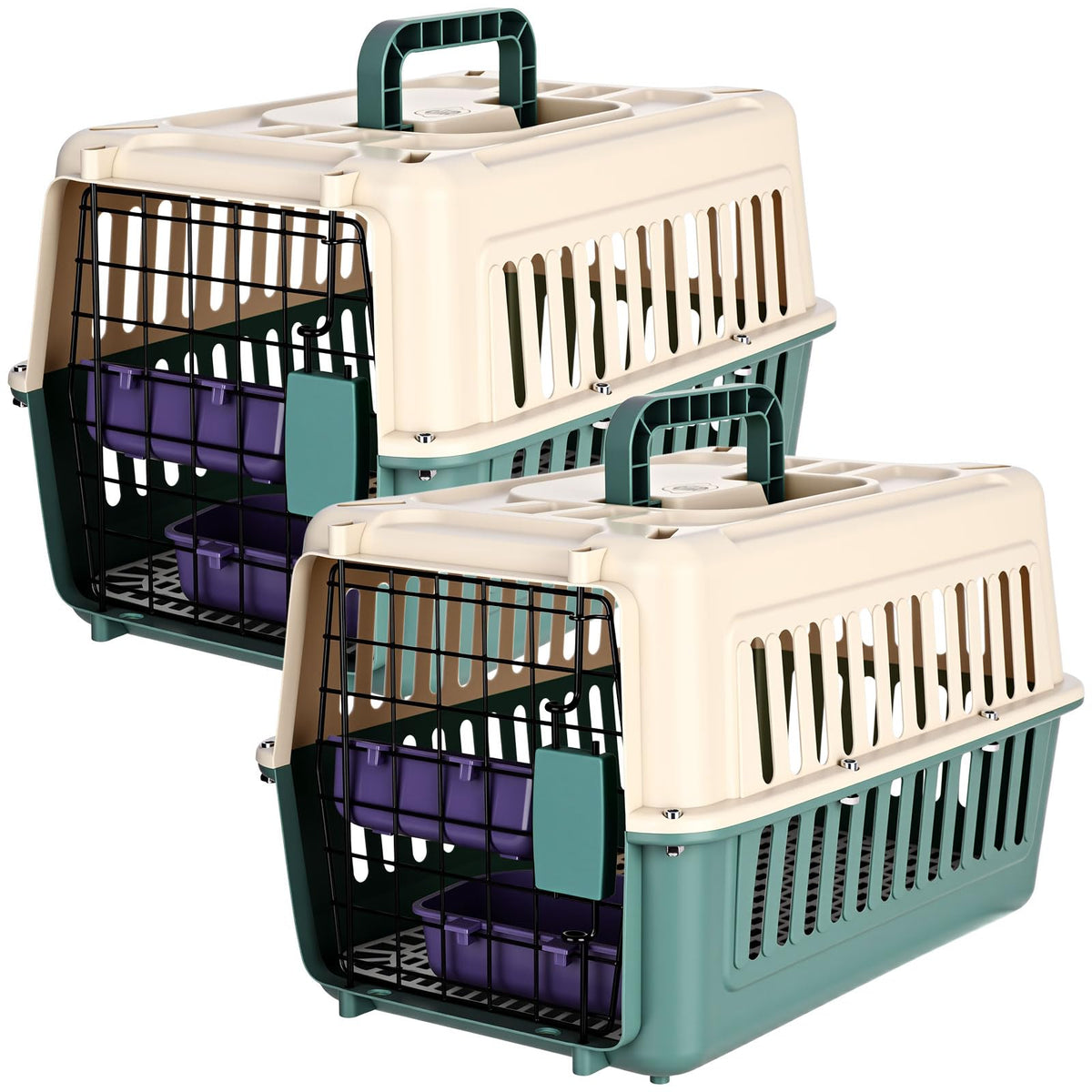 Ensemble Fiwochic de deux transporteurs animaux durs en plastique pour déplacements sécurisés.