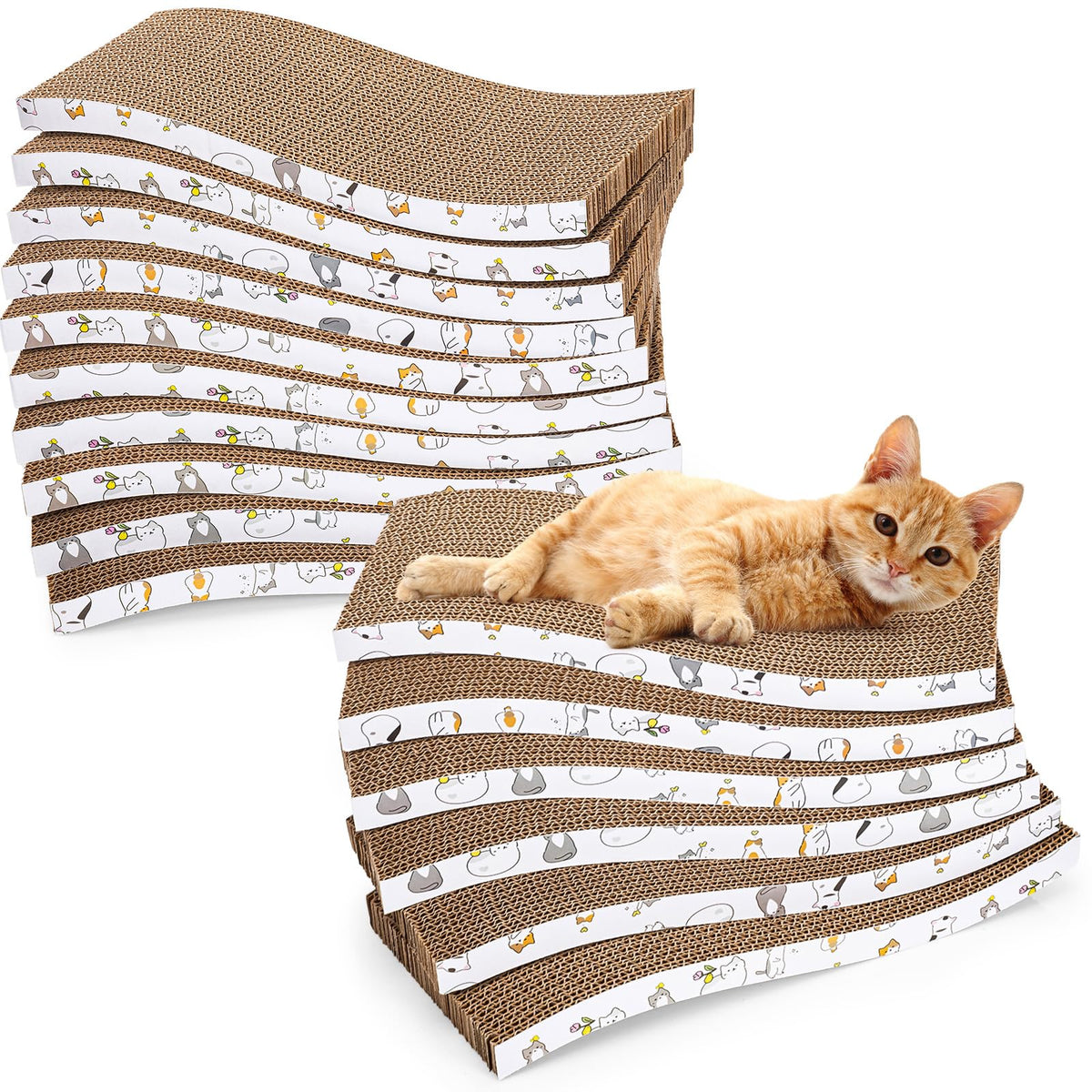 Fiwochic planche à griffes en carton ondulé avec design chat blanc, parfaite pour petits espaces.