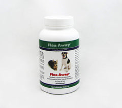 Flea Away conditionnement et comprimés, pratique pour l'utilisation quotidienne sur chiens et chats.