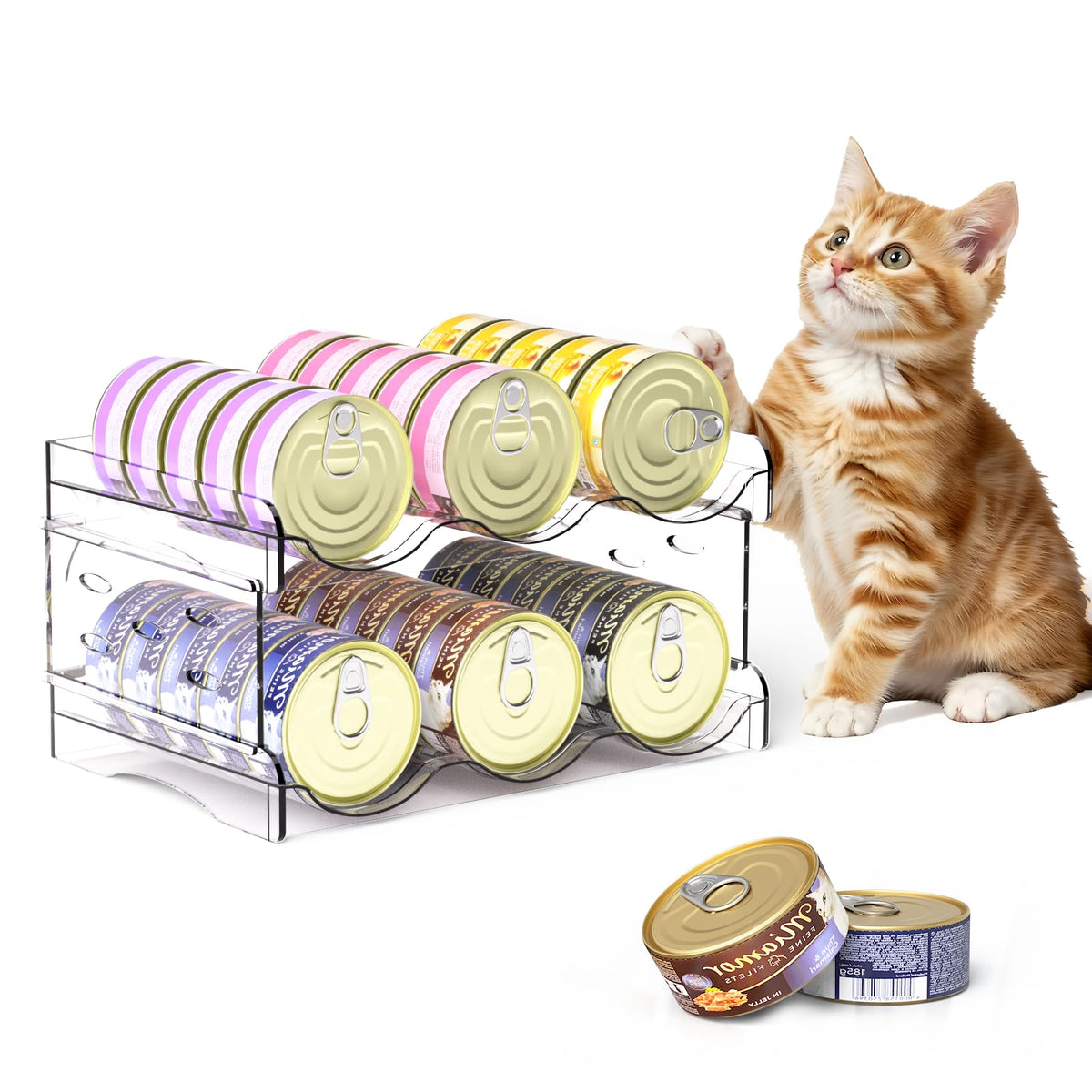 Flenpptly organisateur de conserves pour chat, deux étages, visibilité des saveurs.