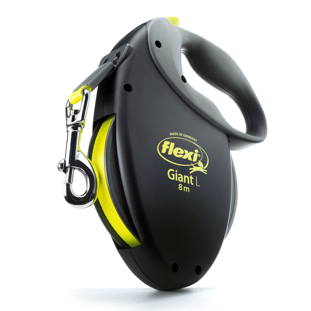 Laisse FLEXI Giant noire avec ruban rétractable, idéal pour grands chiens.