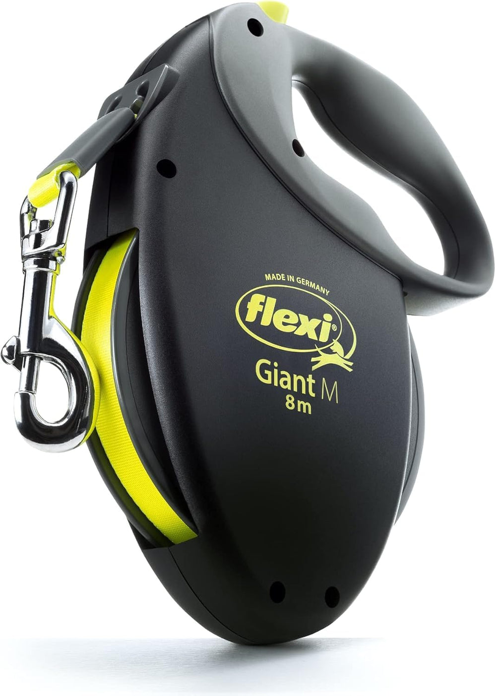 Longe FLEXI Giant noire, vue d’ensemble, sécurité et contrôle renforcés pour les promenades.