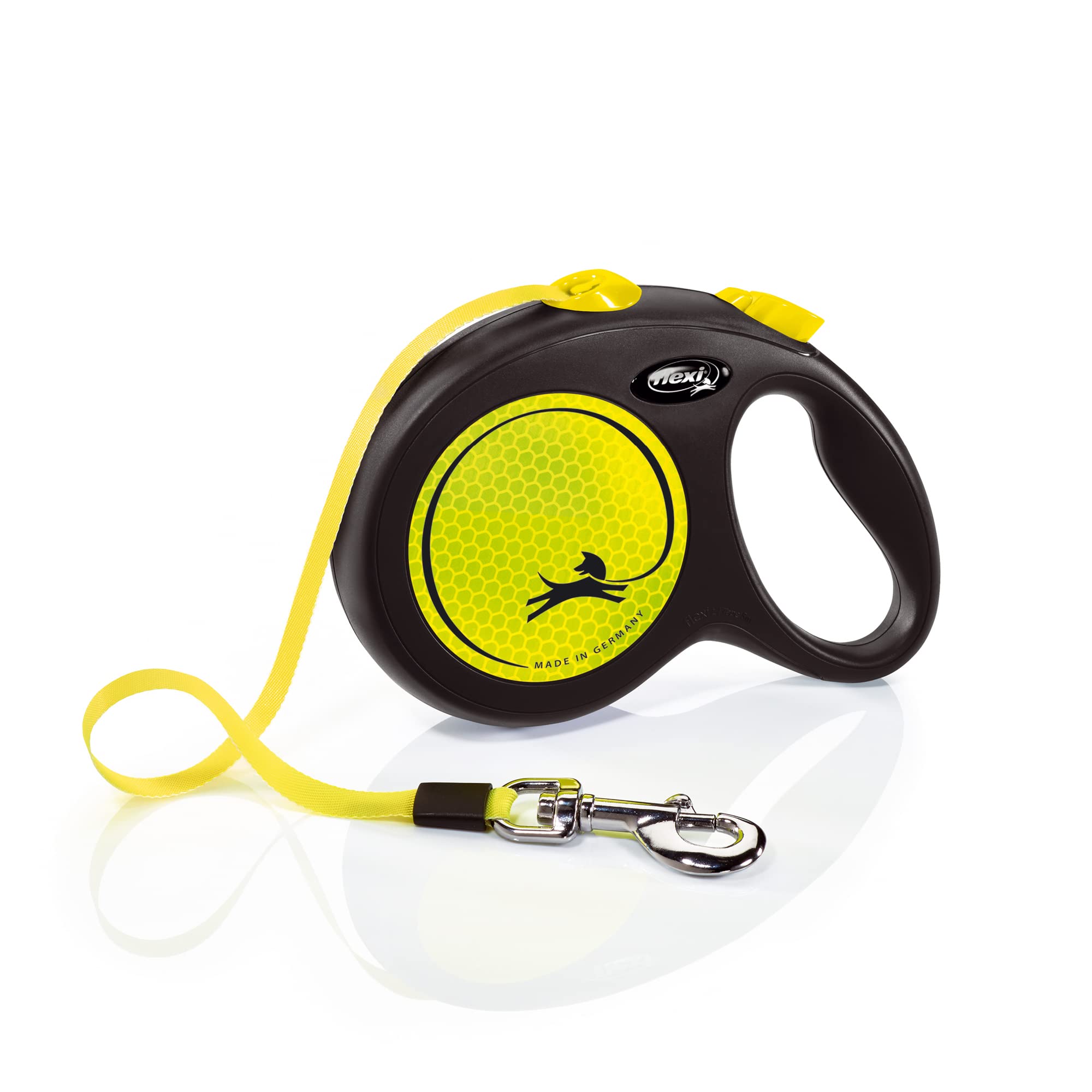 FLEXI, laisse rétractable Neon Tape, idéale pour grands chiens, visibilité accrue.