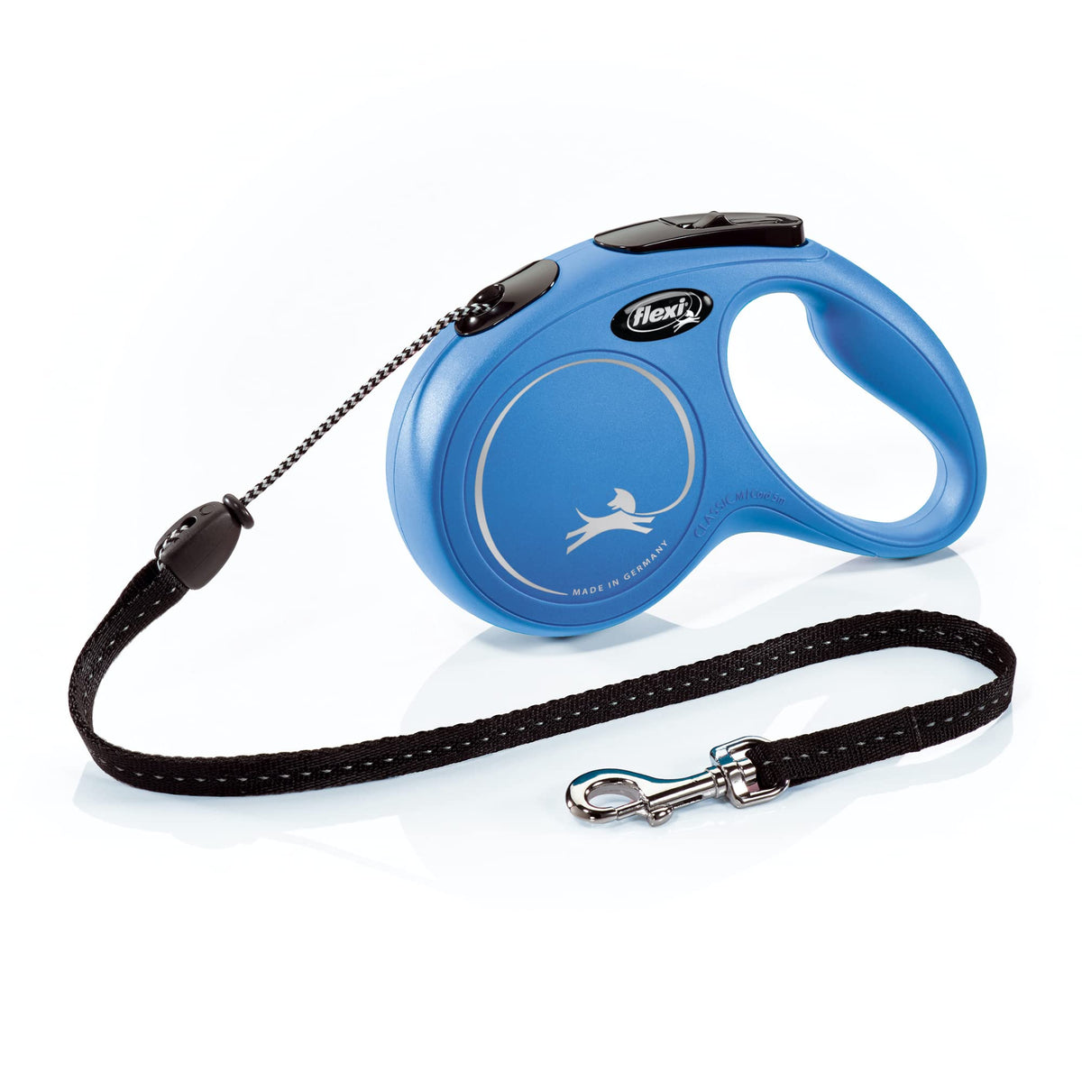 Laisse FLEXI New Classic bleue prête pour une promenade fluide et sans enchevêtrement.