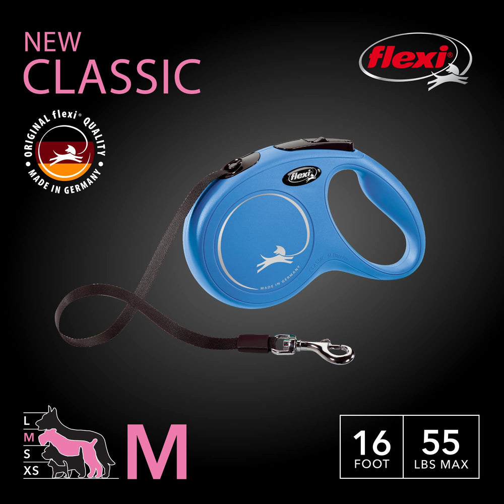 Laisse FLEXI New Classic avec extension de 16 pieds bleu, liberté de mouvement contrôlée.