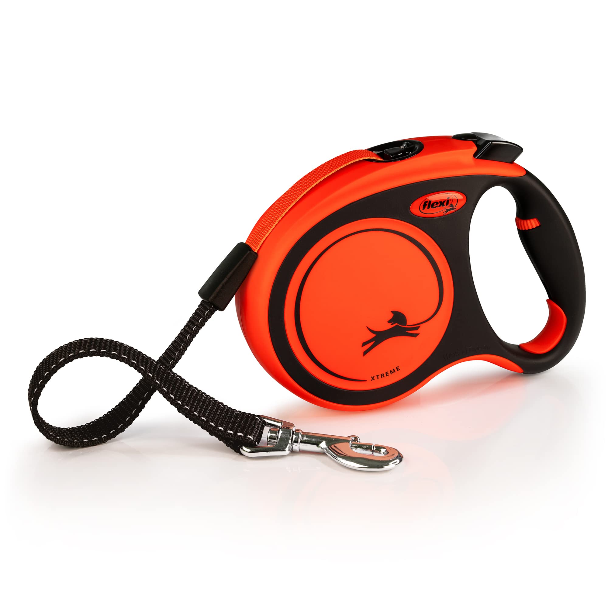 Laisse FLEXI Nouvelle Classique tape orange/noir de 16-pieds pour grandes races et liberté contrôlée.