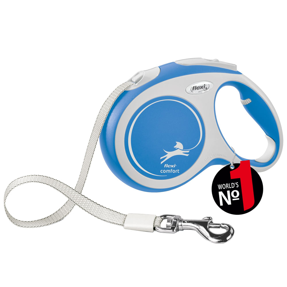 Flexi Nouvelle Confort Ruban gris-bleu 5m, laisse rétractable robuste pour chiens jusqu’à 60 kg, idéale pour promenades.