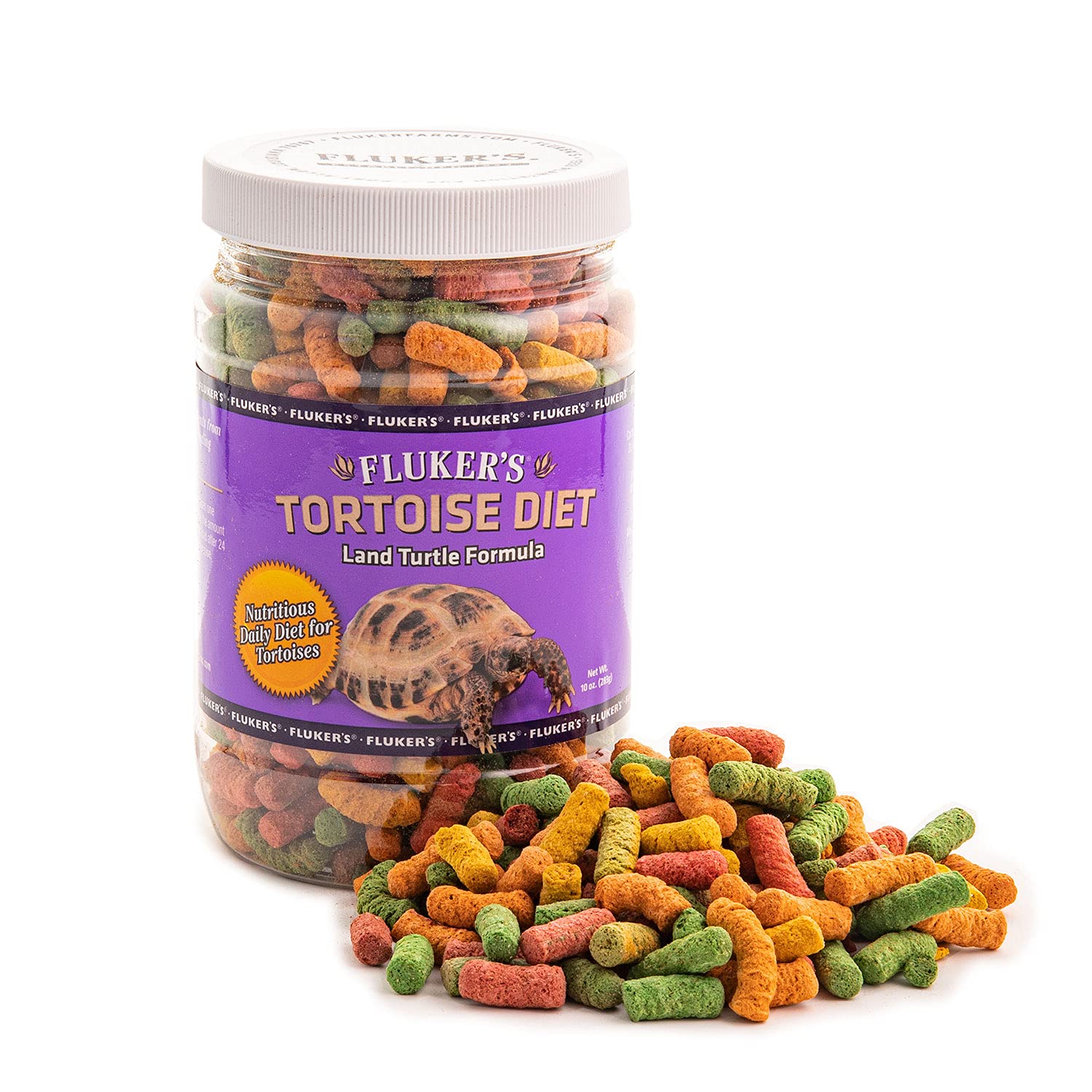 Fluker's Alimentation tortues terrestres – emballage visible et pellets prêts à nourrir.
