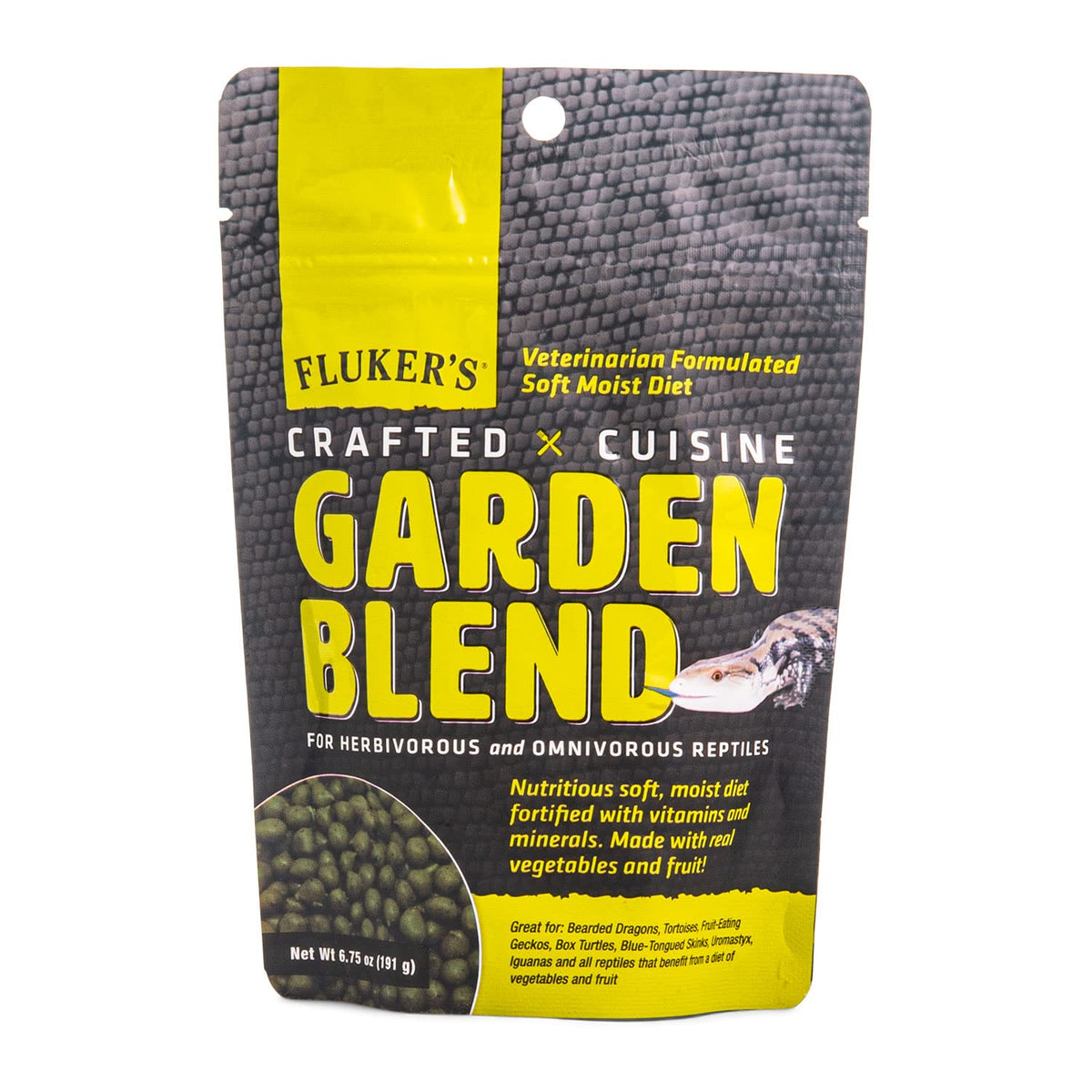 Fluker's Mélange Jardin montre ingrédients fruits-légumes pour reptiles.