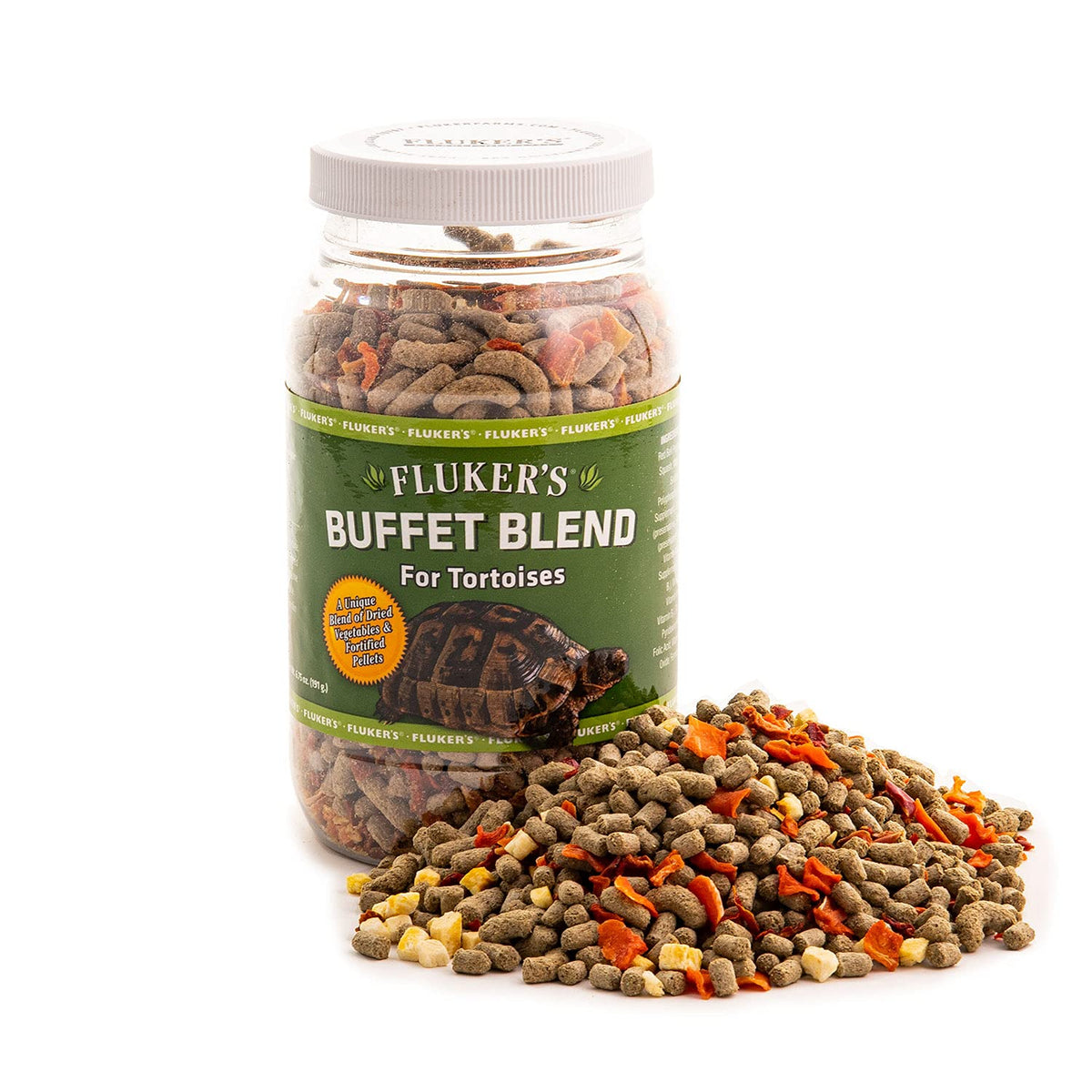Fluker's Buffet Blend Tortue : mélange légumes et granulés fortifiés pour un repas équilibré.