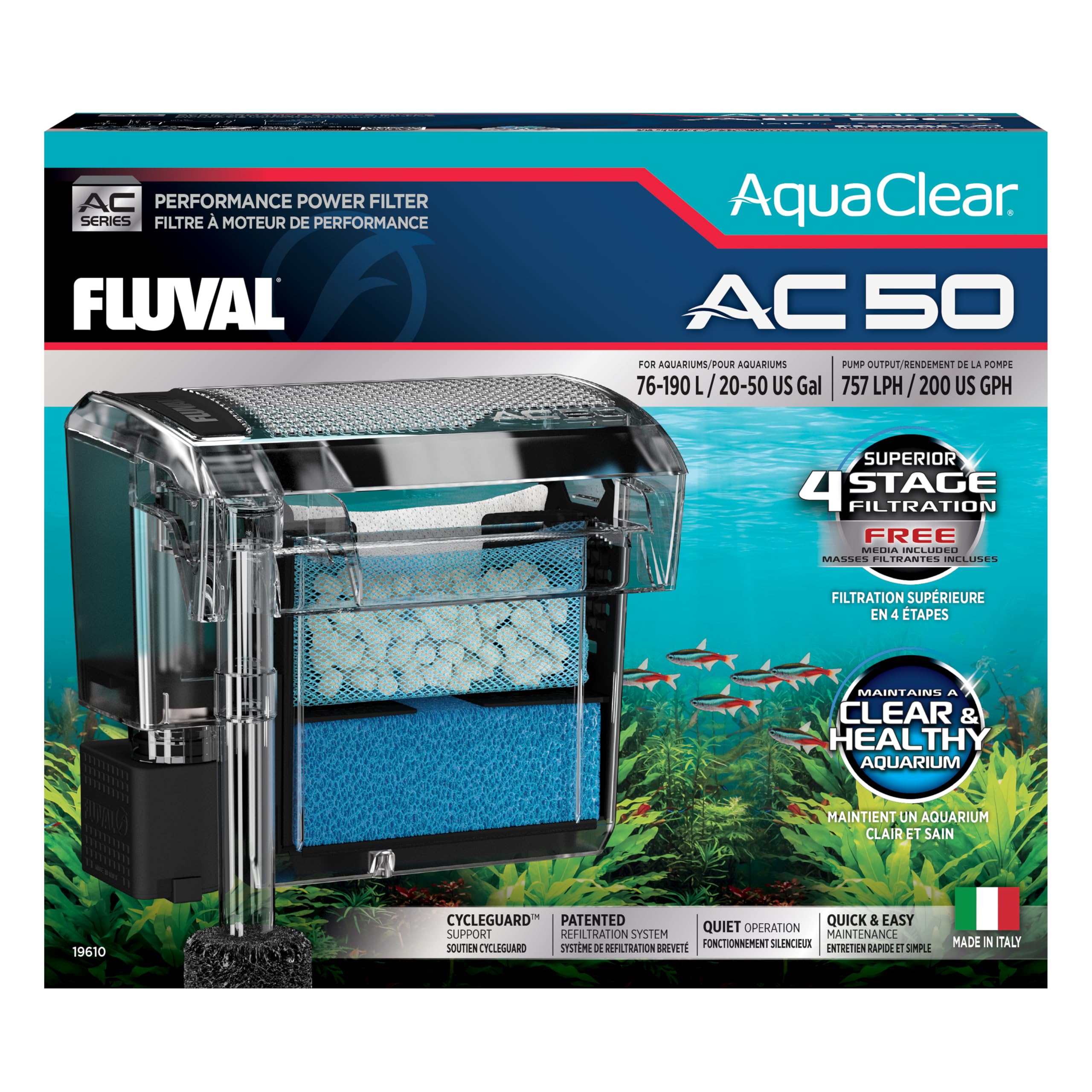 Filtre Fluval AC50 en action fournissant une filtration puissante pour l’aquarium.