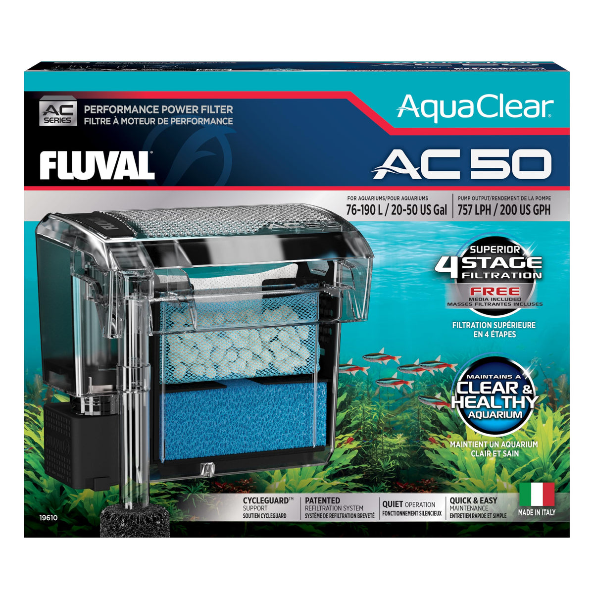 Filtre Fluval AC50 en action fournissant une filtration puissante pour l’aquarium.