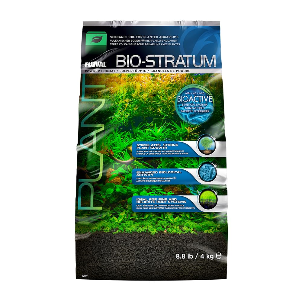 Fluval Bio-Stratum, terre volcanique naturelle, favorise croissance des plantes et couleurs vives.