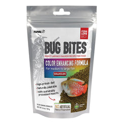 Fluval Bug Bites: granulés colorants tropicaux, visibles dans l’aquarium, favorisant des couleurs vives.