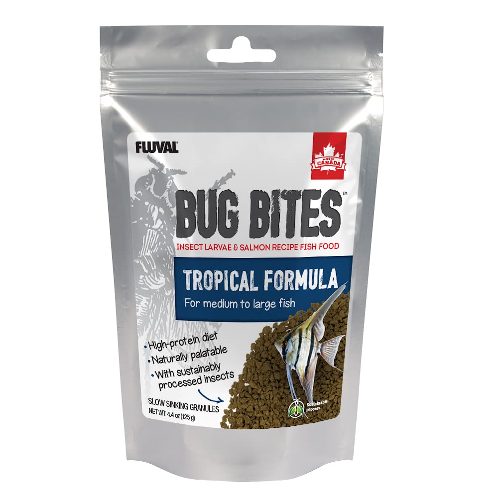 Fluval Bug Bites granules tropicaux 4,4 oz: nutrition complète pour poissons tropicaux.