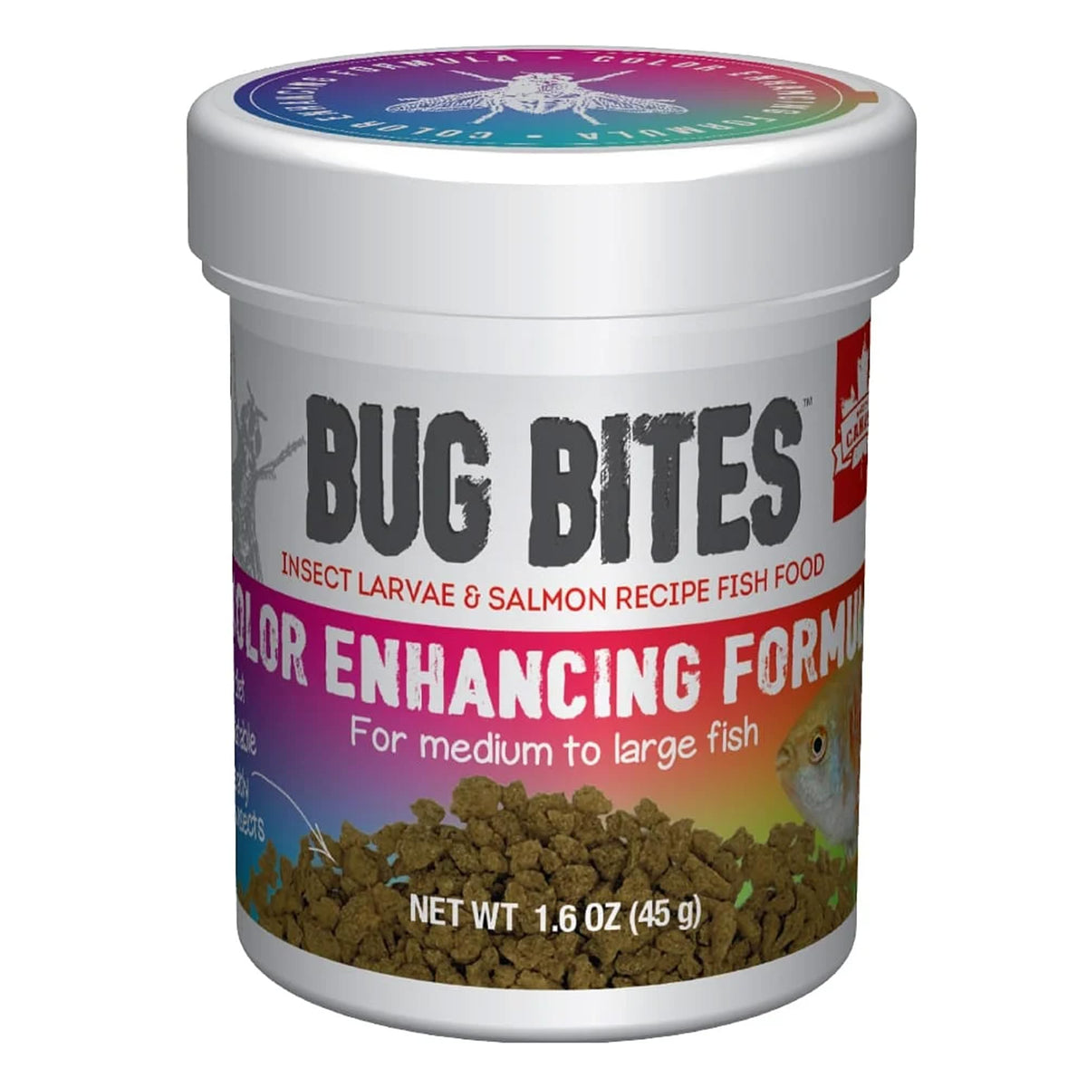 Fluval Bug Bites emballage brun, nourriture complète pour poissons tropicaux, favorise pigments naturels.