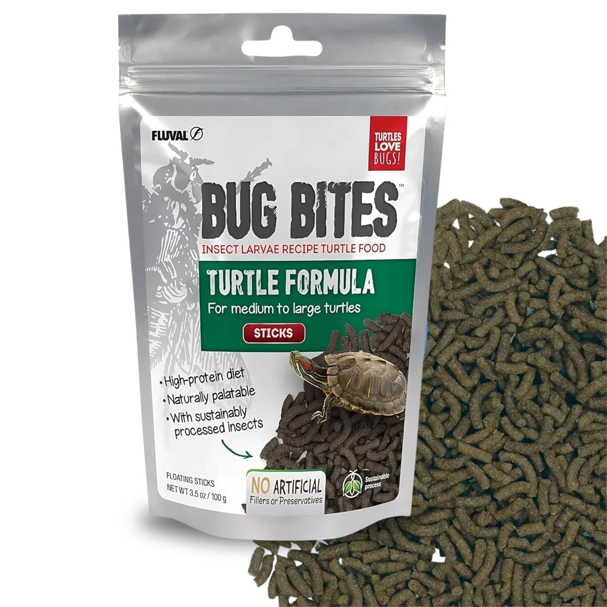 Fluval Bug Bites Tortue – batonnet flottant, facile à manger pour tortues moyennes et grandes.