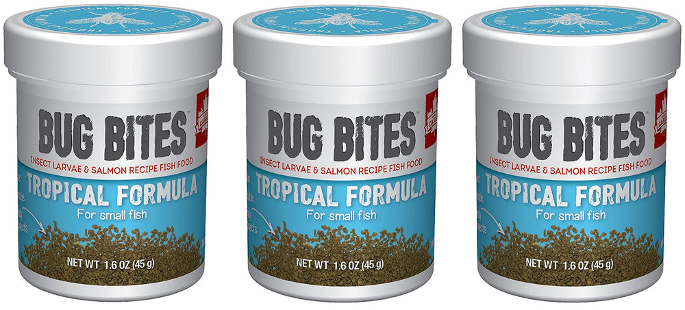 Fluval Bug Bites Tropical: nourriture en bouteille pour petits à moyens poissons, riche en protéines.