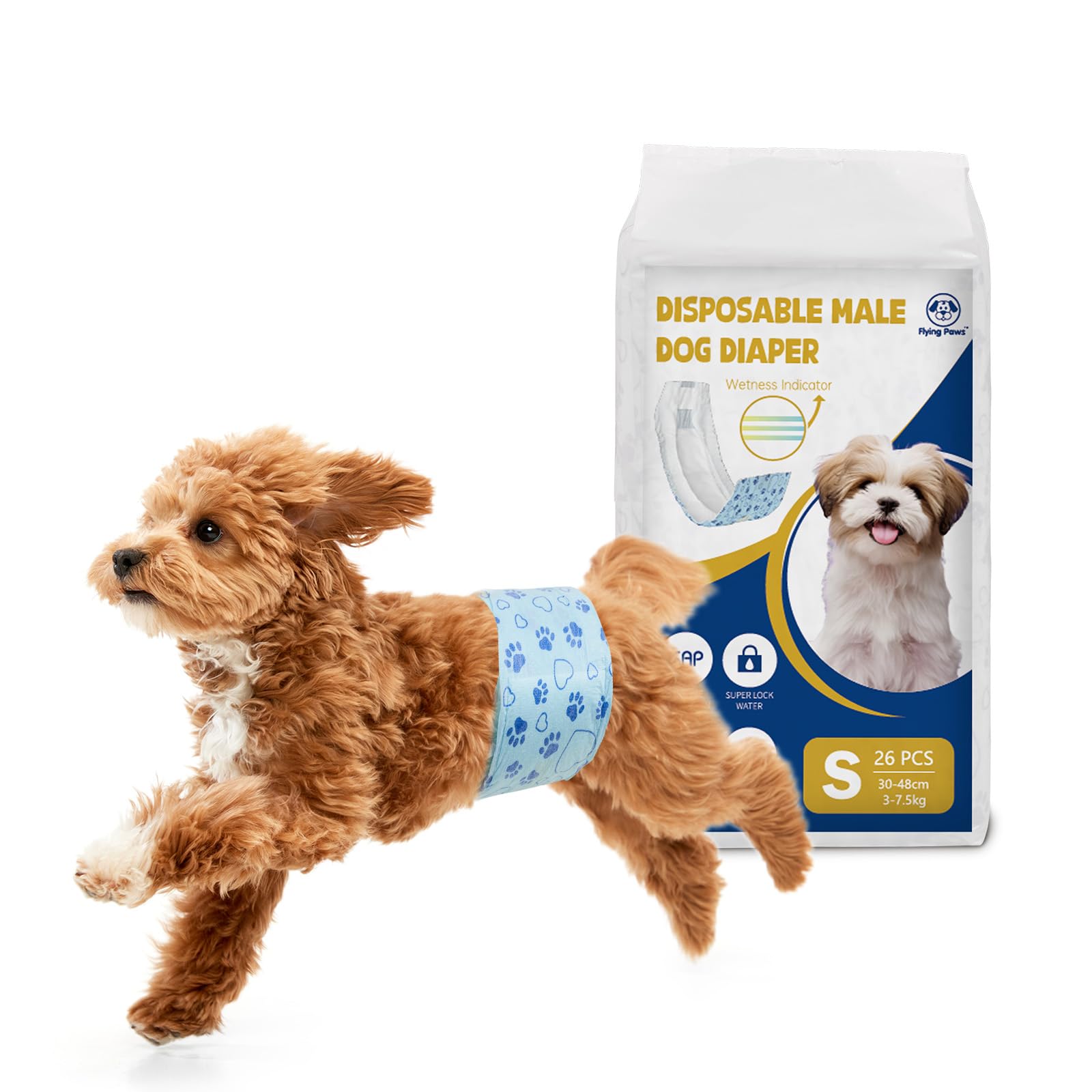 Couches Flying Paws pour chiens mâles avec indicateur d’humidité, pratique pour surveiller l’hygiène.