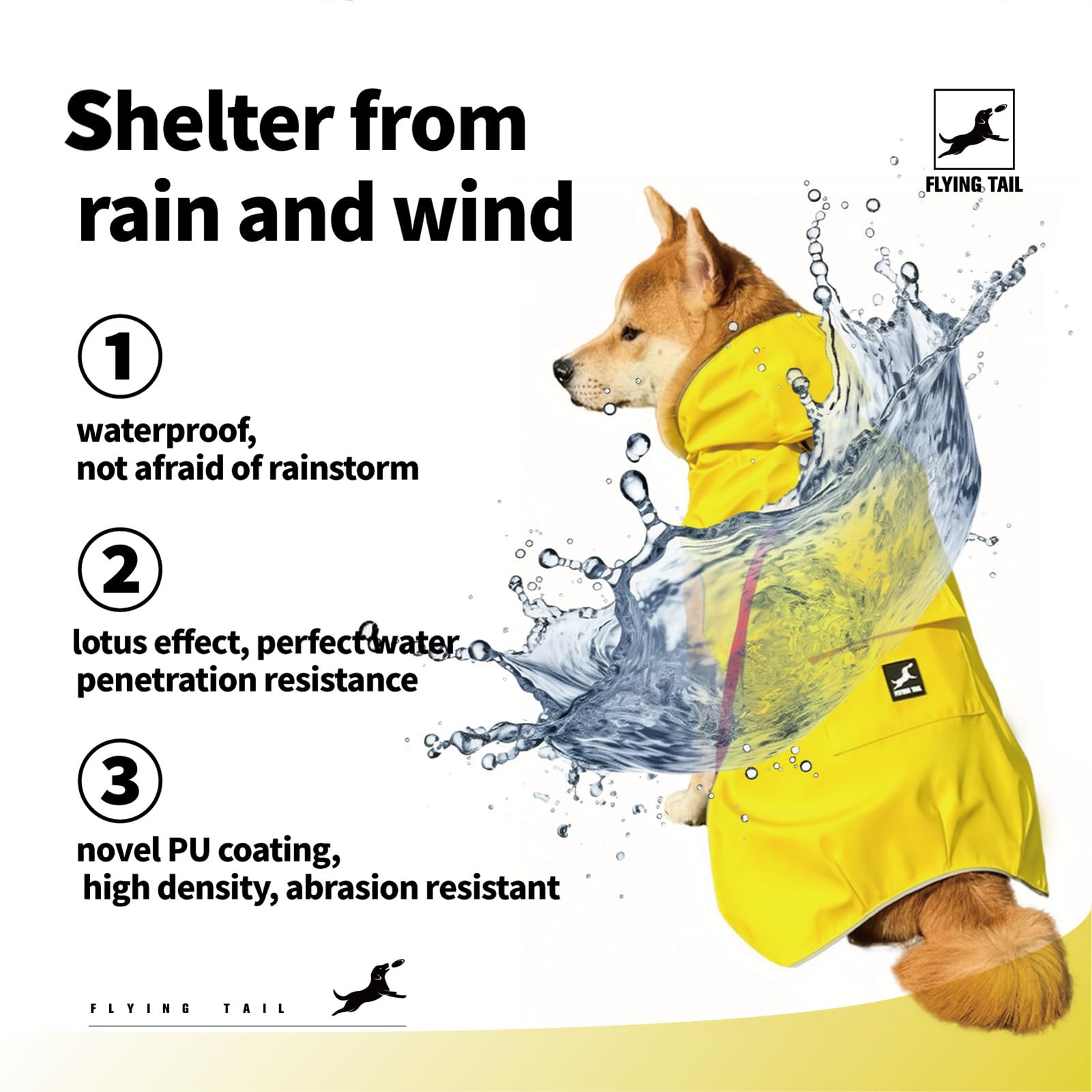 Manteau Flying Tail pour chien, tissu léger et respirant pour rester confortable sous la pluie.